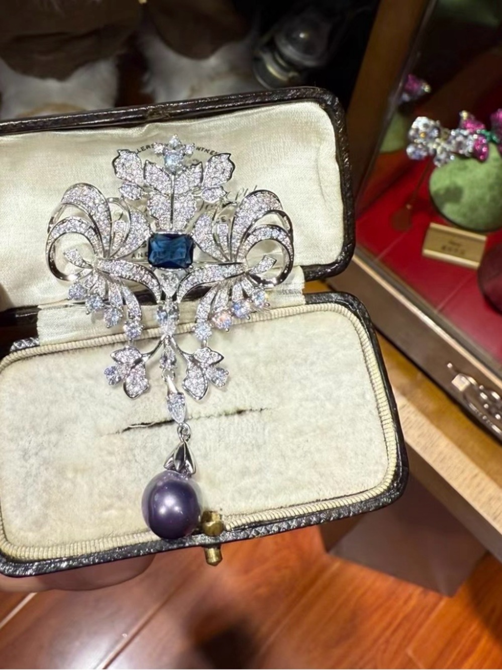 Vintage-Inspired Silver Crystal Brooch with Blue Stone & Gray Pearl